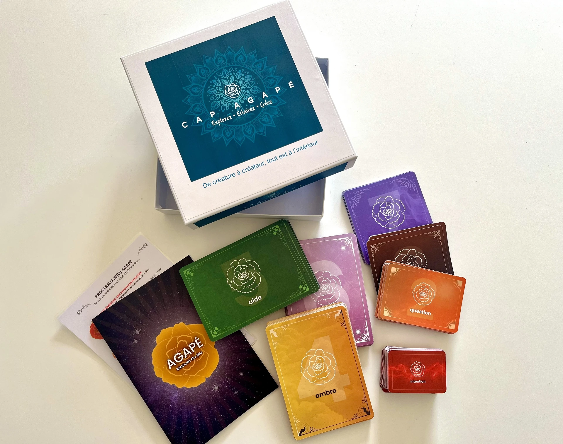 Le coffret Cap Agapé avec ses 6 familles de cartes colorées et le manuel du jeu
