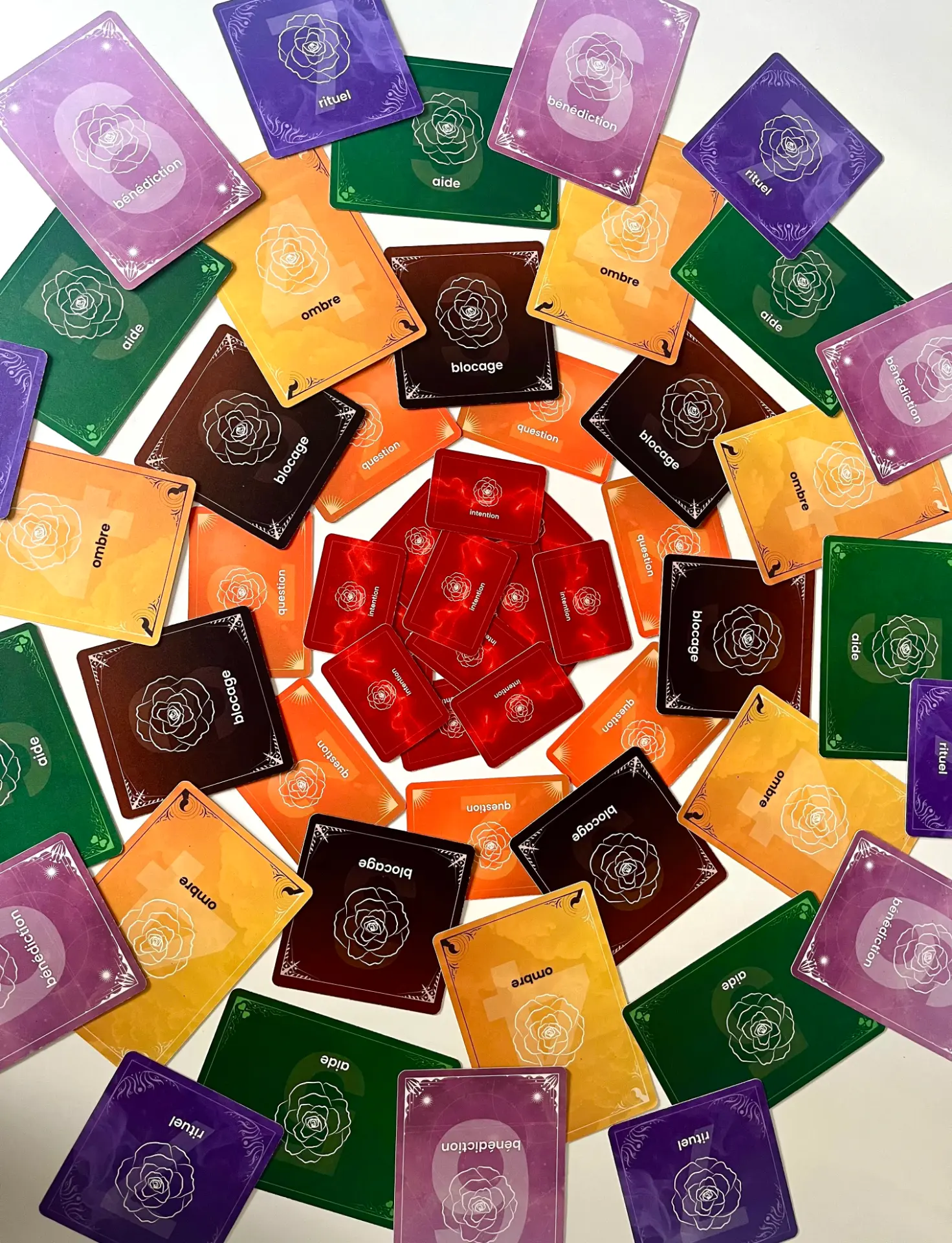 Les cartes Cap Agapé disposées en mandala par familles de couleurs